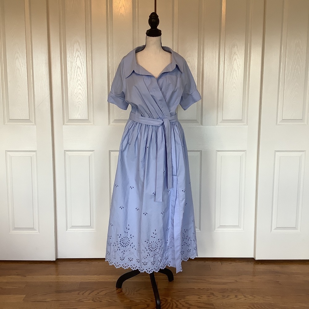 Altuzarra‎ Lydia Dress Danube Blue Eyelet Embroidery Wrap Midi Dress Size 40 NWT